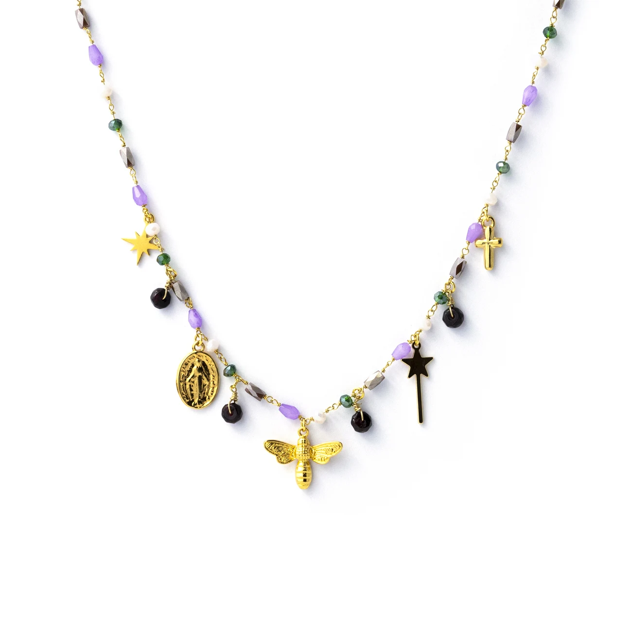 Rose Soleil – Shop online – collane donna – catenina a maglia rosario con pendenti di varie forme placcati oro e pietre di granato – Camille