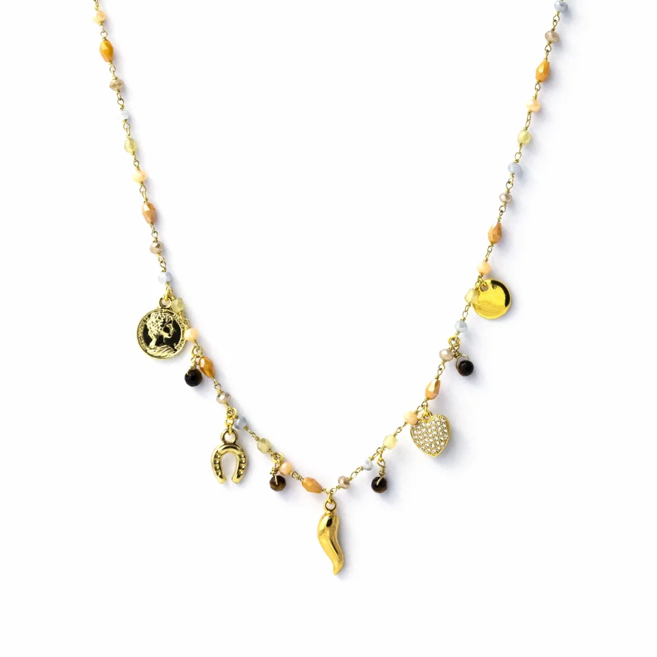 Rose Soleil - Shop online - collane donna - catenina a maglia rosario con pendenti di varie forme placcati oro e pietre naturali di occhio di tigre - Carolina