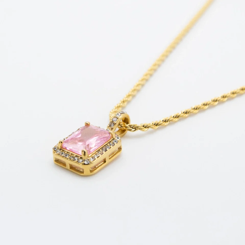 Rose Soleil - Shop online - collane da donna con catenina a treccia placcata oro e ciondolo con zircone rosa e altri zirconi bianchi - Biancaneve
