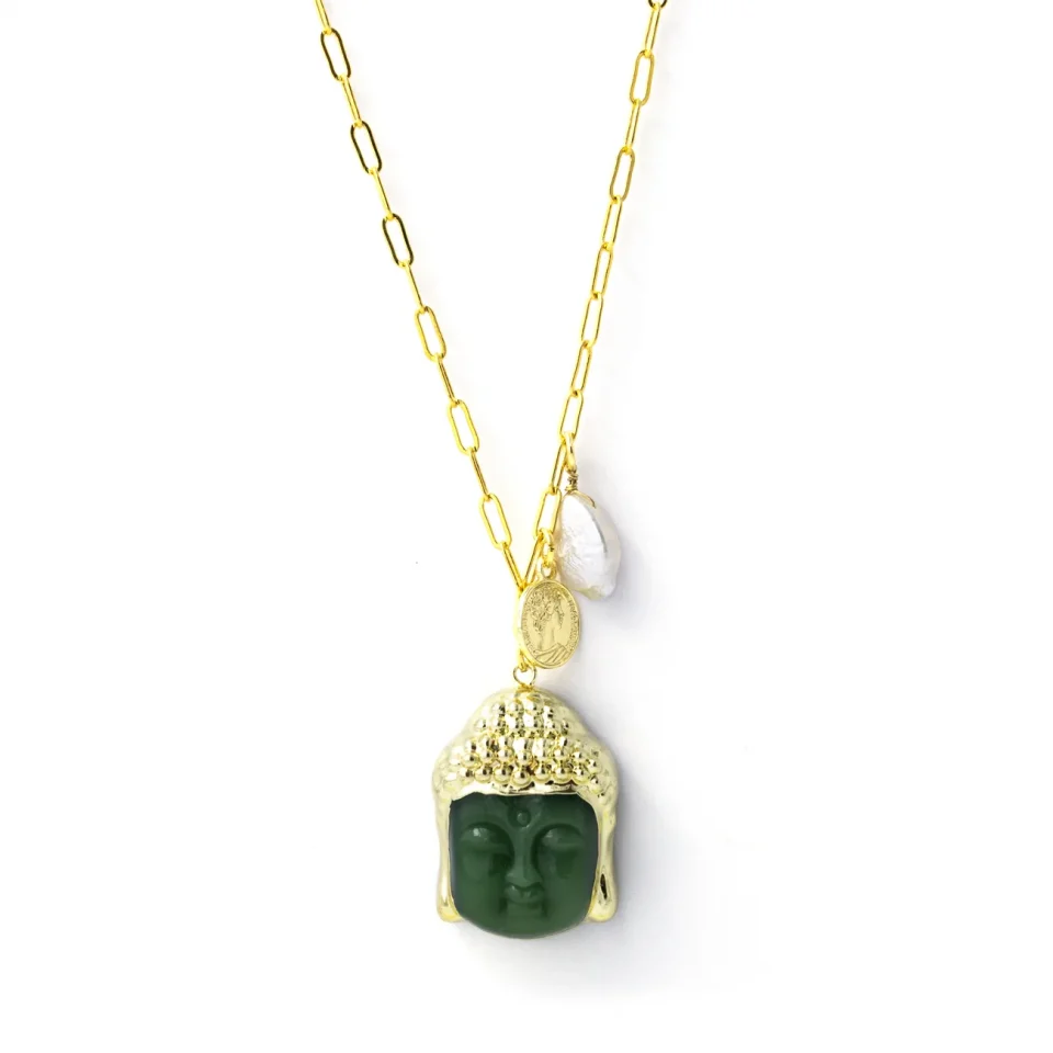 Rose Soleil - Shop online - collane donna - catenina placcata oro con pela di fiume monetina testa di buddha di avventurina verde - Ananda