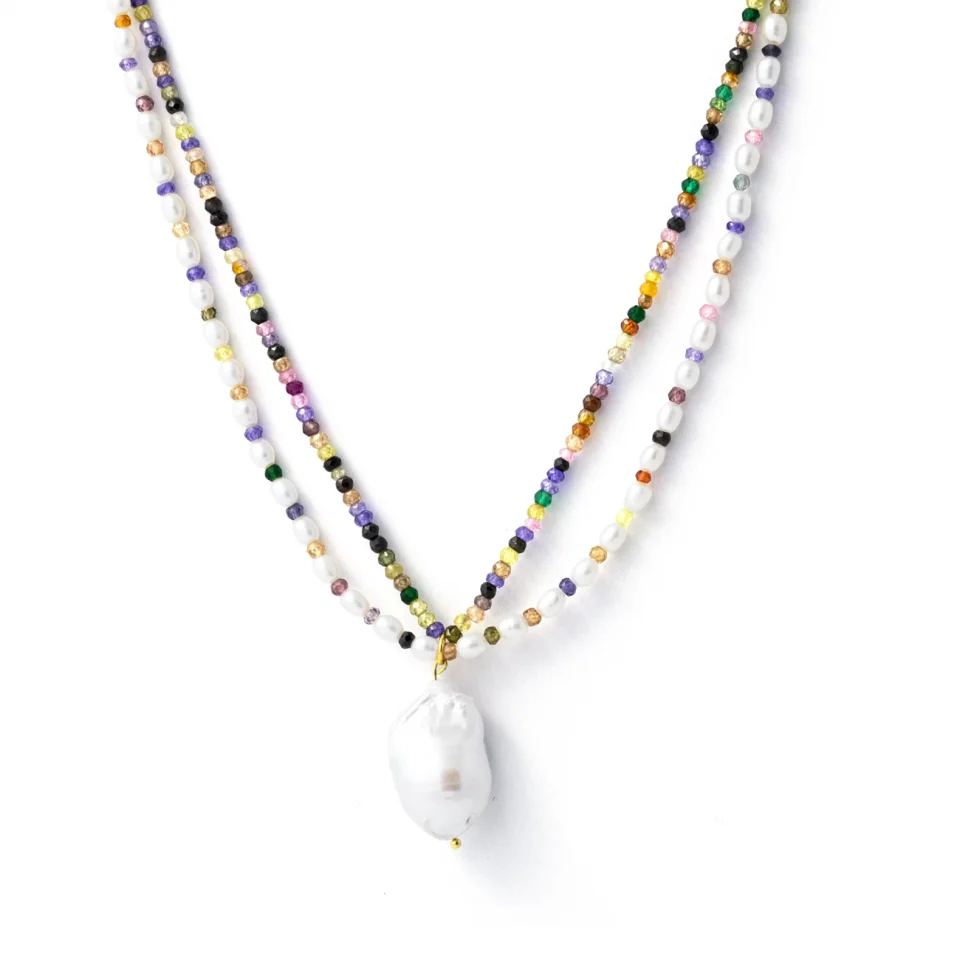 Rose Soleil - Shop online - collane donna - doppio giro con zirconi multicolor e perle di fiume naturali - Angelica