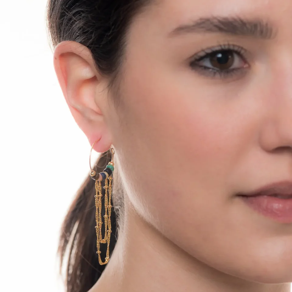Rose Soleil - Shop online - orecchini da donna - con catenine placcate oro con pietre naturali di occhio di tigre lapislazzuli turchesi onie madreperla - Cotignac