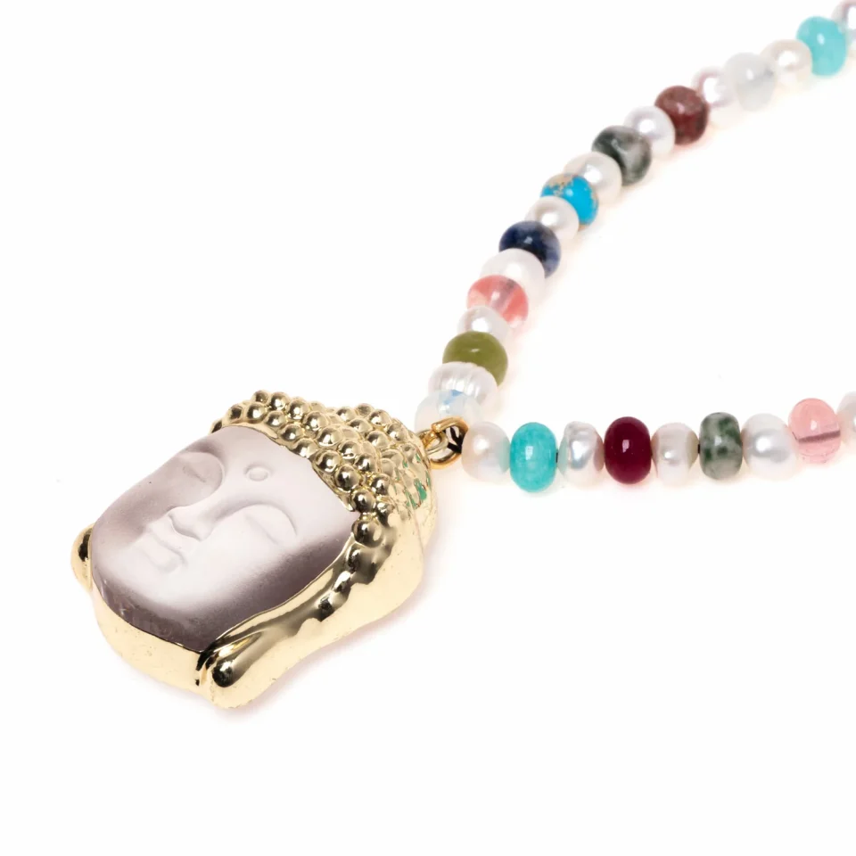 Rose Soleil - Shop online - collane da donna - collana placcata oro - collana spiritualità pendente Buddha - collana con diaspro e perle di fiume - Guendalina